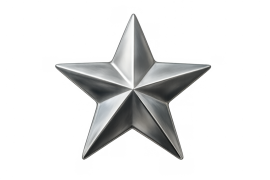 Silver five-pointed star symbol showing metallic texture and reflection, isolated on a transparent background for versatile use