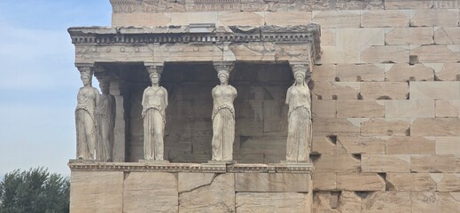 The caryatid porch of the Erechtheion temple, on the Acropolis of Athens, Greece, built between 421...