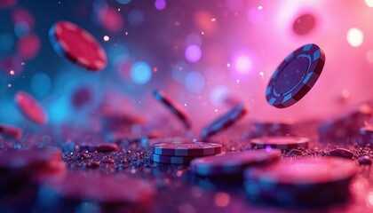 Abstract background with floating casino chips in vibrant purple, pink, blue bokeh lights. Sparkling, blurred lights create lively atmosphere for gambling, money, entertainment themes. Dynamic,
