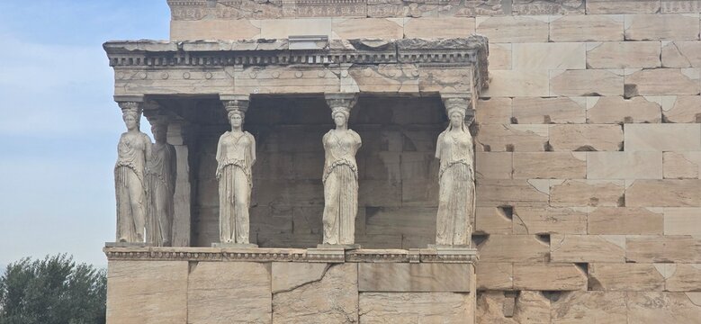 The caryatid porch of the Erechtheion temple, on the Acropolis of Athens, Greece, built between 421 and 406 BC.