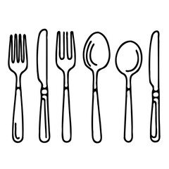 Black And White Cutlery Elements, Line art Fork, Knife, and Spoon, Sketch Style Isolated. Set Hand Drawn Doodle Simple, Illustration In Engraving Style, Outline icons 