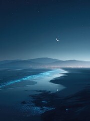 Fototapeta premium Nightscape A crescent moon shines above a glowing bioluminescent river meeting a dark shore