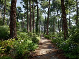 Fototapeta premium Woodland path winding through a serene pine forest