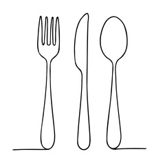 Black And White Cutlery Elements, Line art Fork, Knife, and Spoon, Sketch Style Isolated. Set Hand Drawn Doodle Simple, Illustration In Engraving Style, Outline icons 