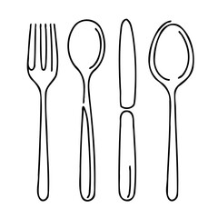 Black And White Cutlery Elements, Line art Fork, Knife, and Spoon, Sketch Style Isolated. Set Hand Drawn Doodle Simple, Illustration In Engraving Style, Outline icons 