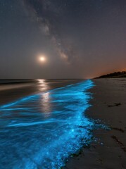 Obraz premium Glowing blue waves illuminate a beach under a starry sky with a bright moon and faint Milky Way