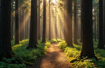 Obraz premium Sunlight streams through dense pine forest, illuminating winding dirt path. Rich green undergrowth covers forest floor, creating tranquil, natural scene. Tall tree trunks rise towards sky, casting