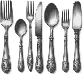 Black And White Cutlery Elements, Line art Fork, Knife, and Spoon, Sketch Style Isolated. Set Hand Drawn Doodle Simple, Illustration In Engraving Style, Outline icons 