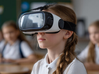 Young student learning with virtual reality headset in classroom