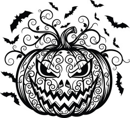 Ornate jack o lantern with swirling vines and flying bats on halloween night