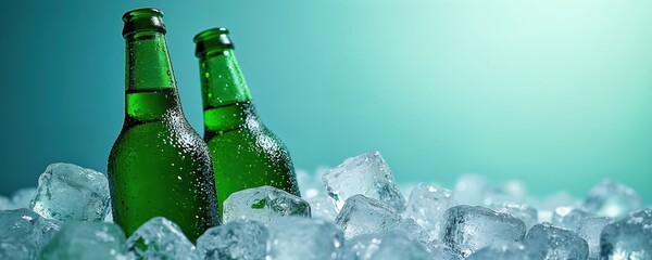 Two green glass bottles of beer submerged in ice cubes. Crystal-clear beverage condensation indicates extreme chill. Clean, minimalist composition perfect for refreshment and party themes.