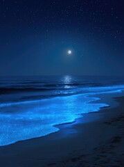 Serene beach scene at night, ocean waves illuminated with blue light, under starry sky