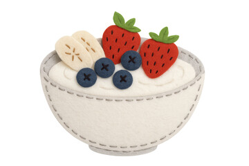 Felt breakfast bowl with berries, banana, and yogurt, cute handmade craft food for children's play