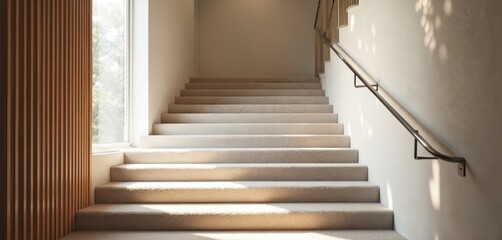 Fototapeta premium Luxurious carpeted residential staircase featuring sleek metal railings. Natural light streams from large window, soft beige steps, warm wood paneling. Modern interior design emphasizes comfort,