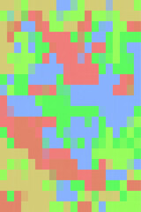 Vibrant pixelated abstract pattern with bold blocks of neon green, pink, blue, and yellow, evoking a retro digital or 8-bit video game aesthetic.