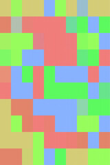 Colorful abstract pixel art pattern with vibrant blocks of pink, green, blue, and yellow, creating a playful, retro video game aesthetic.
