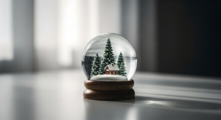 Snow globe with winter scene depicting a house and pine trees  