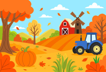 Colorful Cartoon Fall Farm Vector Background - Flat Autumn Landscape with Barn and Tractor
