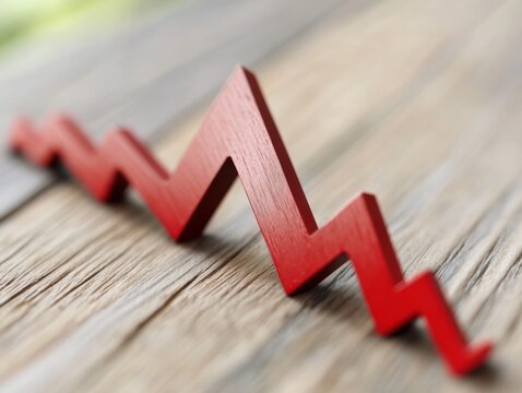 A red line graph shows a downward trend on a wooden table.