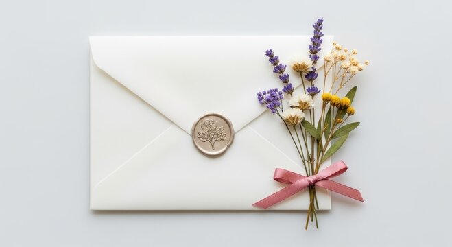 Elegant rustic envelope with floral wax seal for romantic invitations or event announcements