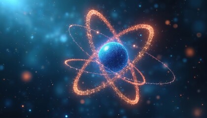 Digital artwork of atom structure. Glowing electron orbits around nucleus in cosmic space. Science, physics, innovation, tech concepts. Molecular, orbital, quantum energy field, subatomic particles,