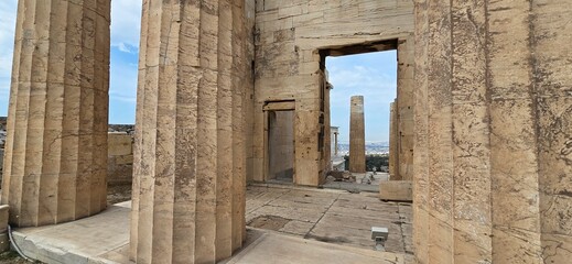 The majestic Propylaea, monumental gateway to the Acropolis, Athens, Greece. It was designed by the...