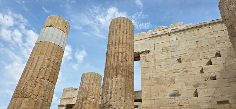 The majestic Propylaea, monumental gateway to the Acropolis, Athens, Greece. It was designed by the architect Mnesicles, 437-432BC.