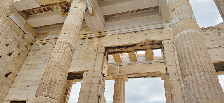 The majestic Propylaea, monumental gateway to the Acropolis, Athens, Greece. It was designed by the architect Mnesicles, 437-432BC.