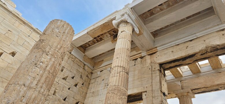 The majestic Propylaea, monumental gateway to the Acropolis, Athens, Greece. It was designed by the architect Mnesicles, 437-432BC.