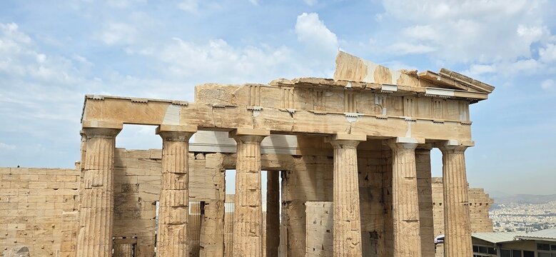 The majestic Propylaea, monumental gateway to the Acropolis, Athens, Greece. It was designed by the architect Mnesicles, 437-432BC.