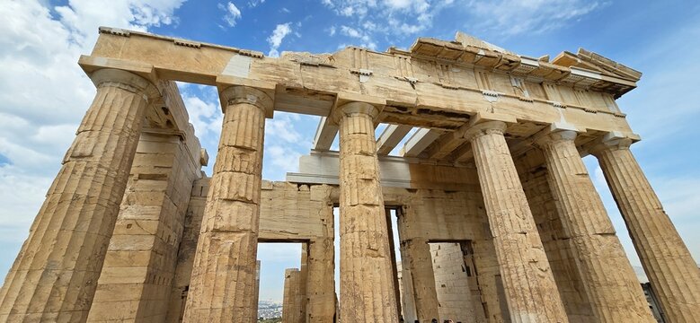 The majestic Propylaea, monumental gateway to the Acropolis, Athens, Greece. It was designed by the architect Mnesicles, 437-432BC.