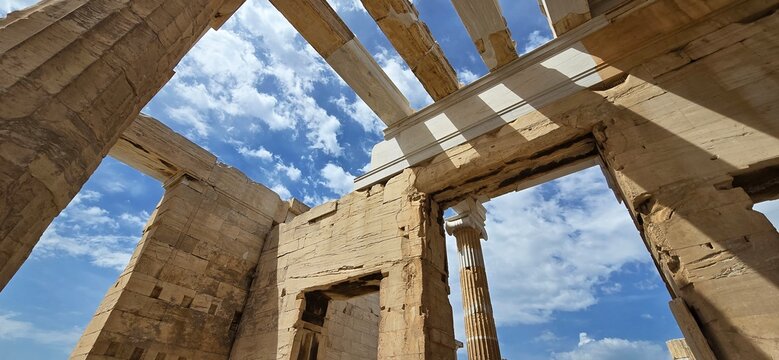 The majestic Propylaea, monumental gateway to the Acropolis, Athens, Greece. It was designed by the architect Mnesicles, 437-432BC.