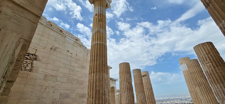 The majestic Propylaea, monumental gateway to the Acropolis, Athens, Greece. It was designed by the architect Mnesicles, 437-432BC.