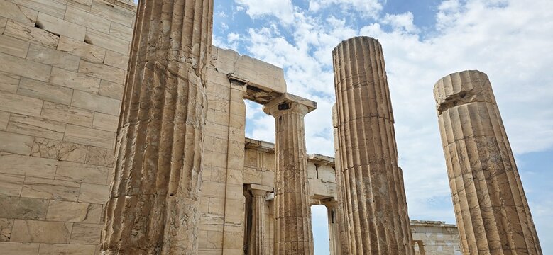 The majestic Propylaea, monumental gateway to the Acropolis, Athens, Greece. It was designed by the architect Mnesicles, 437-432BC.