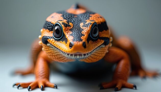 Closeup illustration of Gila monster reptile with vibrant orange, black scales. Studio shot on neutral background, featuring detailed textures, friendly expression. Pet lizard intricate scale