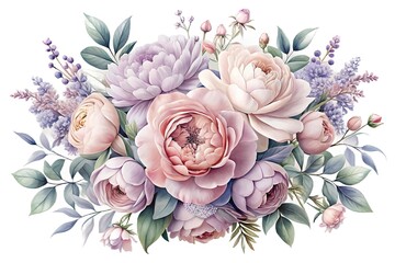 Square composition of delicate roses, peonies, and lavender, no background