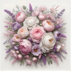 Square composition of delicate roses, peonies, and lavender, no background