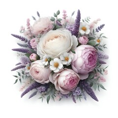 Square composition of delicate roses, peonies, and lavender, no background