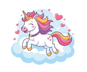 Cartoon unicorn flying on a cloud surrounded by floating pink hearts art