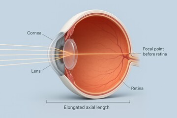 Medical illustration of a human eye with myopia, showing elongated axial length and focal point landing before the retina. Eye Diagram Showing Myopia and Light Refraction

