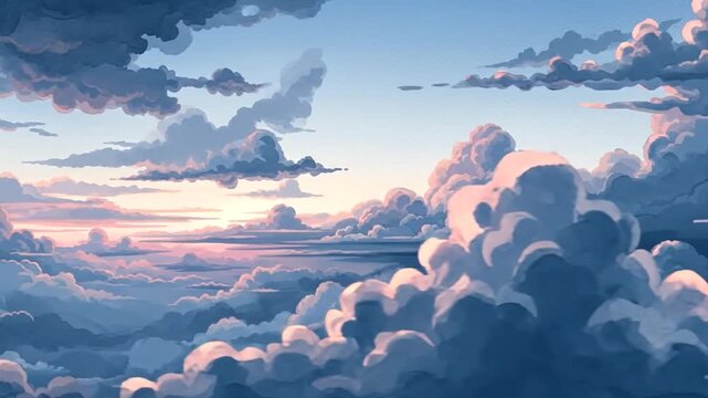 Dreamy watercolor cloudscape animation with a gentle, calming pan effect, high quality