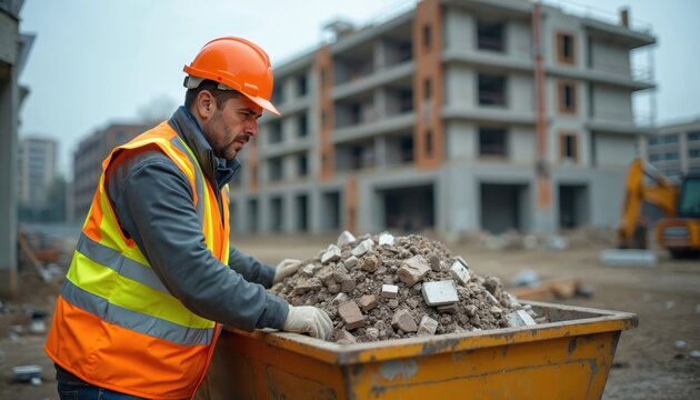 Construction worker in orange hard hat and reflective vest loads debris into skip. Shows diligence, responsibility on building site. Cleanup, waste management, removal of rubble.