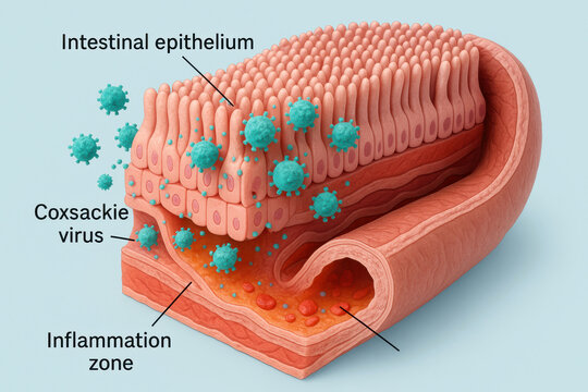 Detailed 3D medical illustration of Coxsackie virus infecting intestinal epithelium, showing inflammation zone and damage to gut lining. Coxsackie Virus Causing Intestinal Inflammation 3D Illustratio
