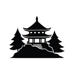 Black and white silhouette traditional Japanese temple