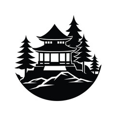 Black and white silhouette traditional Japanese temple