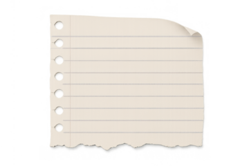 Lined paper torn from a notebook, featuring a curled corner and punch holes, with transparent background
