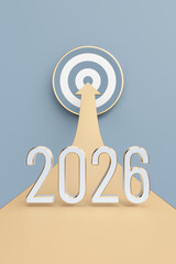 Arrow in the form of a road with calendar number 2026 pointing towards a target on blue background. Concept of growth, purpose and business success in new year 2026. 3d illustration.