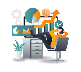 Investor relaxing in front of trading analysis computer