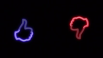 Glowing blue and red neon line Hand thumb up and thumb down icon isolated Animated shaking neon thumb up and thumb down sign icon animation color hand icon like animation. For reviewing - Powered by Adobe