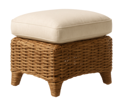 Wicker footrest with removable cushion, perfect for a rustic living room.
